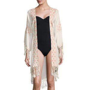 NEW MELISSA ODABASH Ivory Crochet Fringed Trim Woven Tie Belt Open Robe Coverup